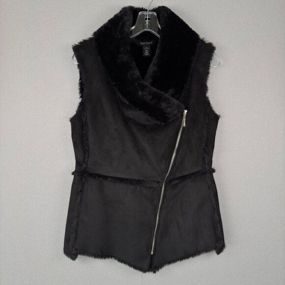 WHITE HOUSE BLACK MARKET Faux Suede Vest Black XS Asymmetric Pockets Streetwear - Picture 1 of 14